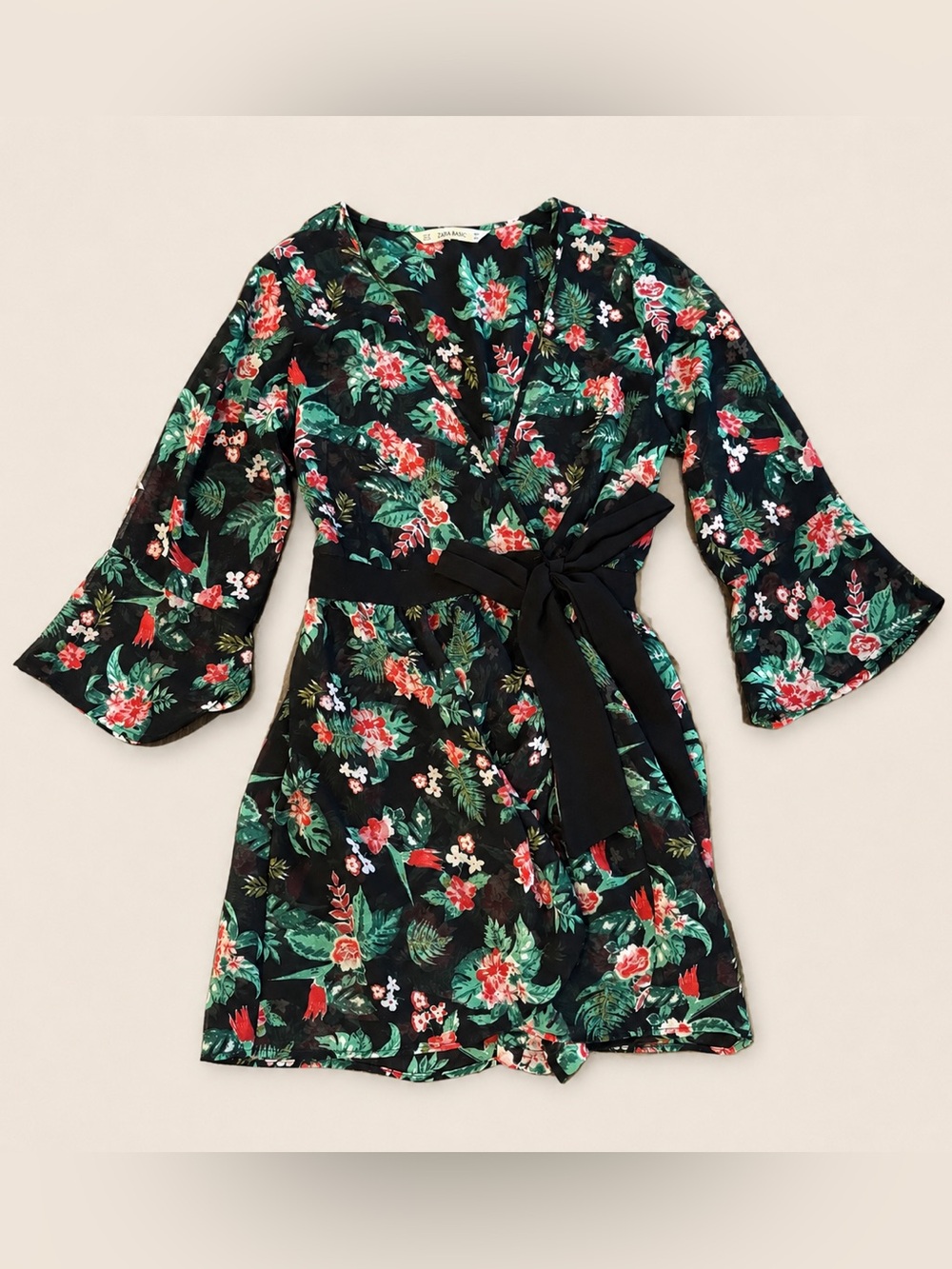 Zara Basic Floral Wrap Romper Dress Bell Sleeve Tropical Mini Size M